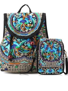 Embroidered Black & Blue Floral Backpack and Crossbody Purse 2pc Set by Goodhan